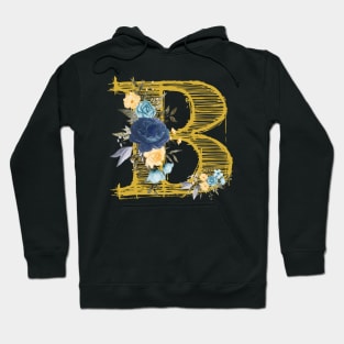 Monogram Letter B In Metallic Gold With Aesthetic Blue Flowers Botany Hoodie